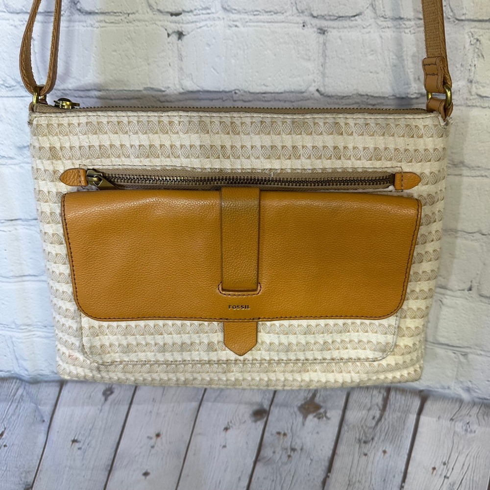 Fossil Woven Textile and Leather Crossbody Bag Tan Cream ZB5629